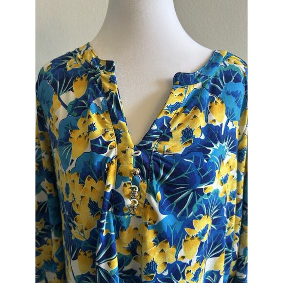 Ava & Grace Blouse Blue Yellow Floral Stretch Knit 3/4 Sleeve Popover Top 1X XL - Picture 6 of 11